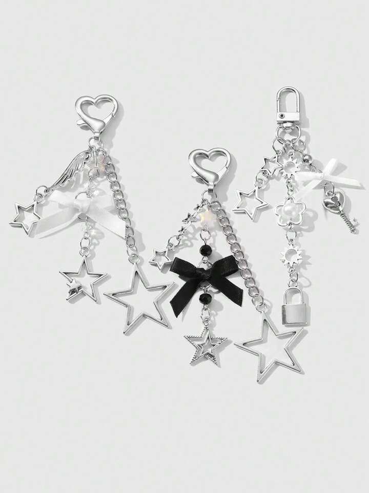 Kawaii 1pc Y2K Minimalist Fashionable Delicate High-Quality Silver Chain Resin Faux Pearl Faux Crystal Round Bead Hollow Wing Sunflower Ribbon Bow Heart Lock Hollow Star Pendant Decor DIY Keychain Bag Charm, Suitable For Sisters, Best Friends, Couples, Women, Daily Wear, Holiday Gift