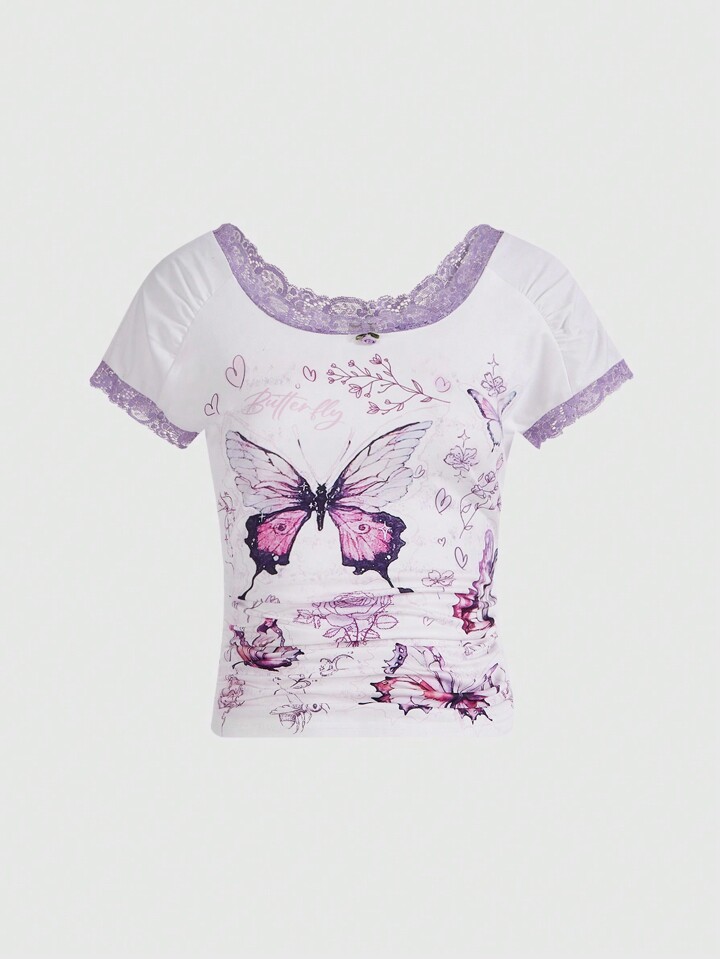Grunge Punk Butterfly All-Over Print Waist Ruched Smooth T-Shirt, Spring/Summer