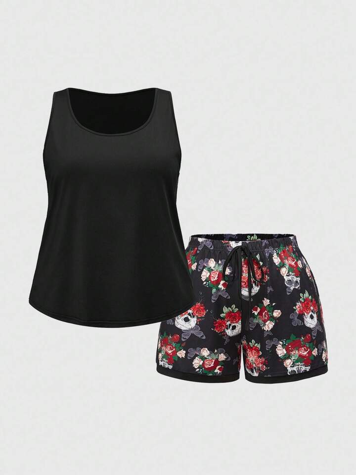 Goth Plus Size Skull Rose Butterfly Print Sleeveless Top And Shorts Casual Pajama Set