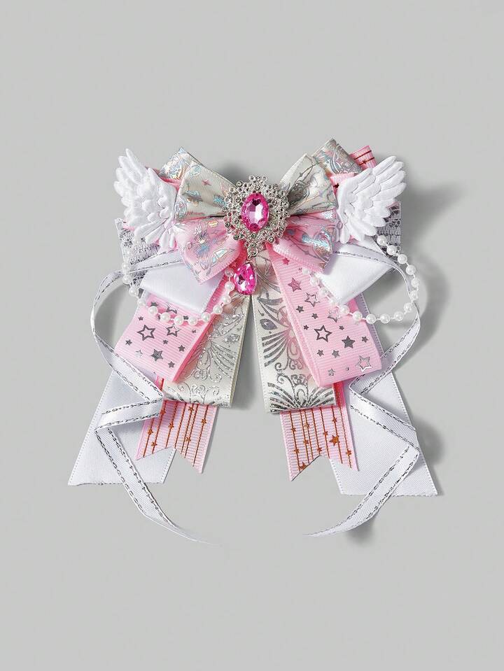 Academia 1 Cute Style Bow Brooch, Pink Rhinestone Wing Bow Tie Buckle, Lolita Style Bag, Clothing Pin.