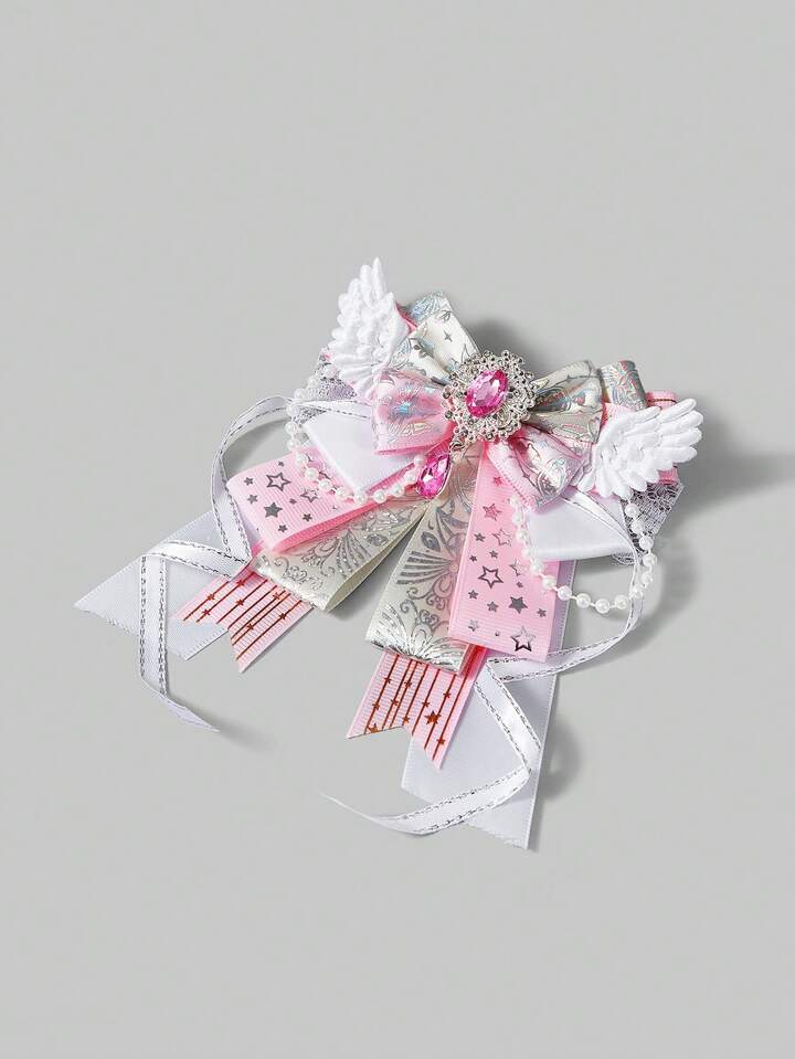 Academia 1 Cute Style Bow Brooch, Pink Rhinestone Wing Bow Tie Buckle, Lolita Style Bag, Clothing Pin.