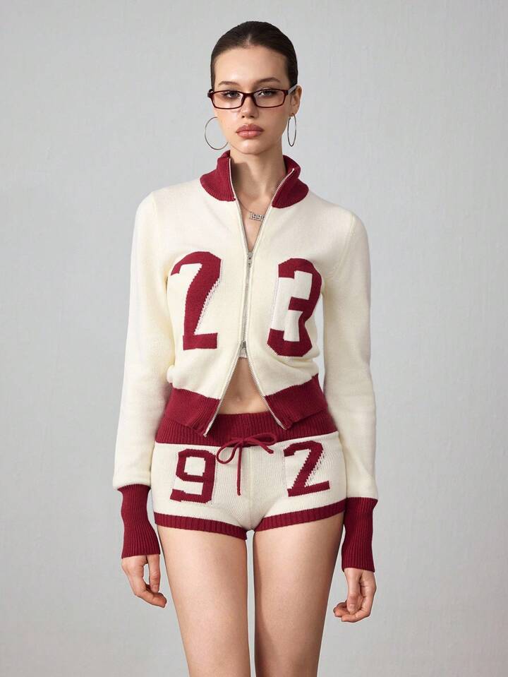 ROMWE Avant 2pcs Women Millennium Babe Retro Numeric Pattern Cardigan And Shorts Knit Set