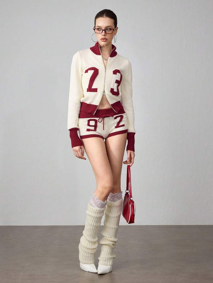 ROMWE Avant 2pcs Women Millennium Babe Retro Numeric Pattern Cardigan And Shorts Knit Set