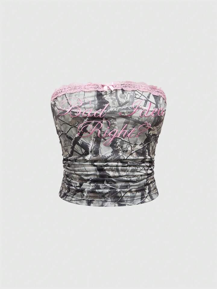 Y2K Crop Camisole Top With Lace Trim, Leaf Camo Allover Print, High Waisted