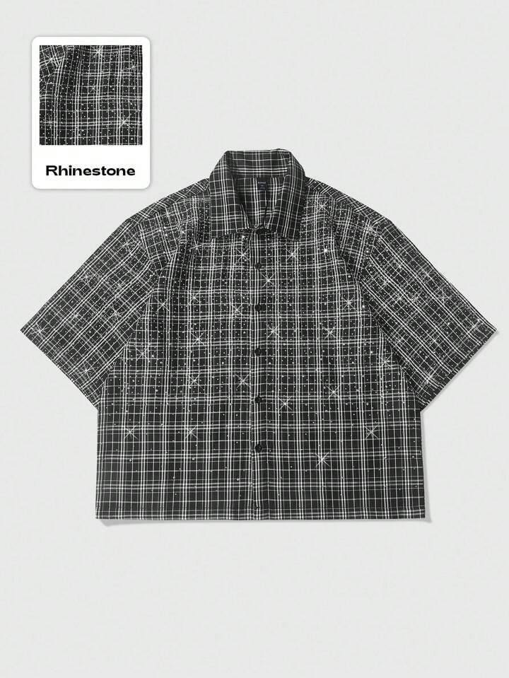 Men's Street Life Design Gradient Pattern English Letter Printed Patch Embellishment Plaid Shirt