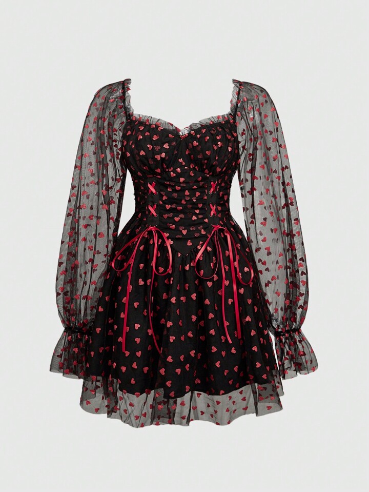 Kawaii Mesh Heart Decor Princess Mini Dress With Shorts Set