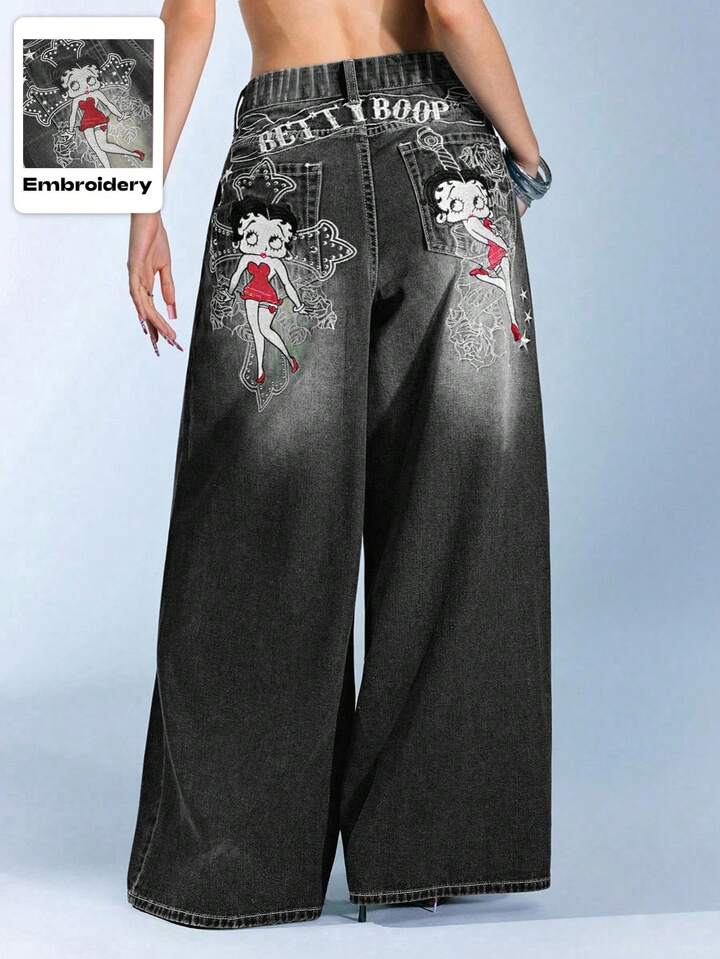 Betty Boop | ROMWE Plus Size Cross & Figure Embroidered Washed Wide Leg Jeans