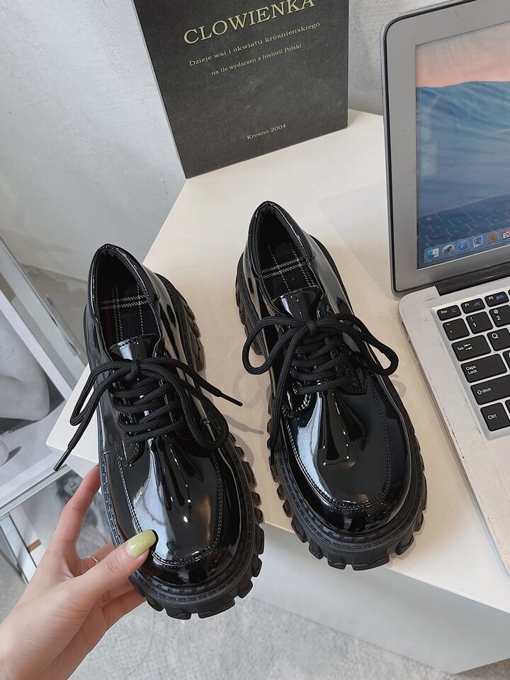 Black Platform Lace-Up Oxfords For Women, English Style Spring 2024 New Arrival