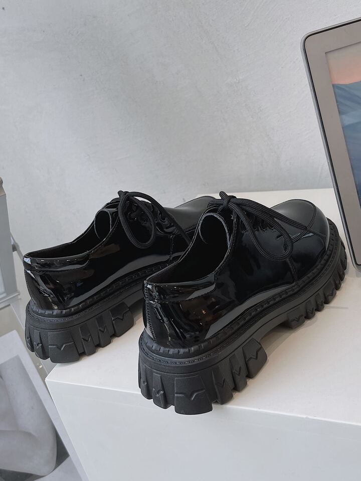 Black Platform Lace-Up Oxfords For Women, English Style Spring 2024 New Arrival