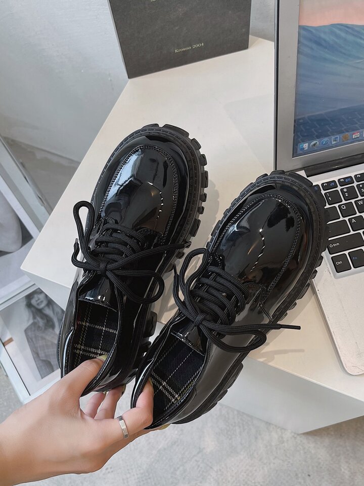 Black Platform Lace-Up Oxfords For Women, English Style Spring 2024 New Arrival