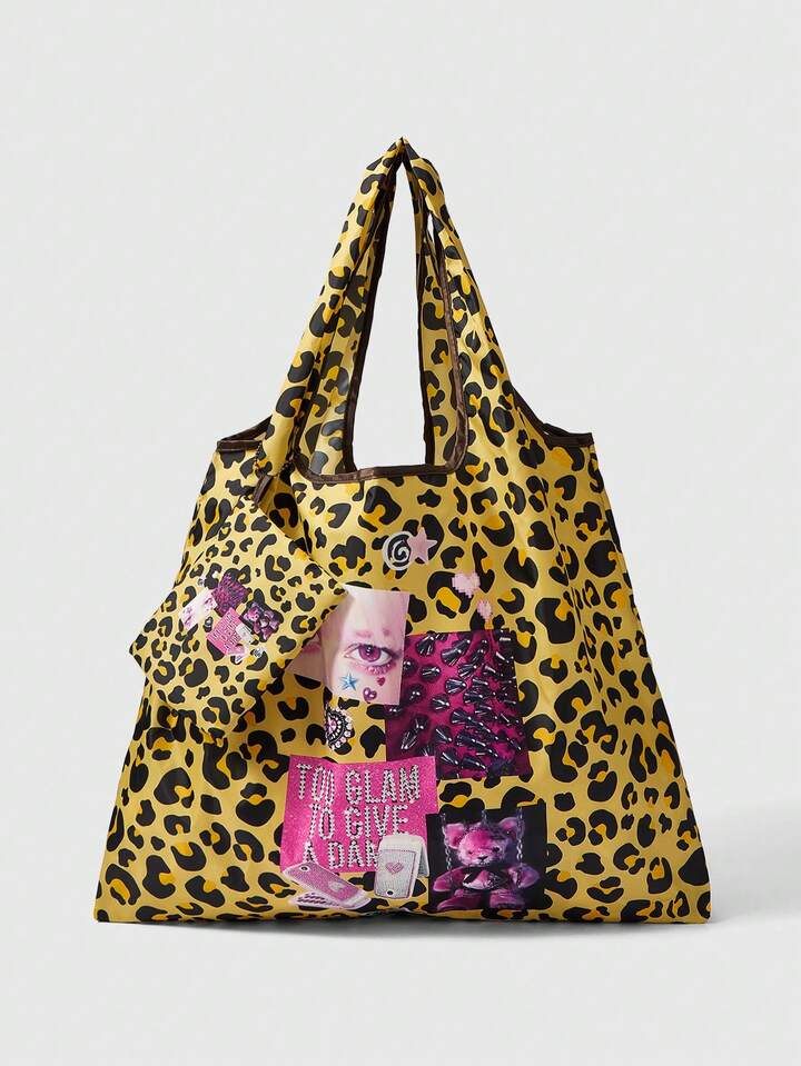 Anime Fashionable All-Over Heart & Music Note Pattern Large Capacity Foldable Tote Bag With Coin Purse, Portable Shopping Bag
