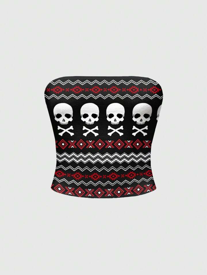 Goth Dark Christmas Holiday Skeleton Print Sexy Crop Top For Women, Black & Red