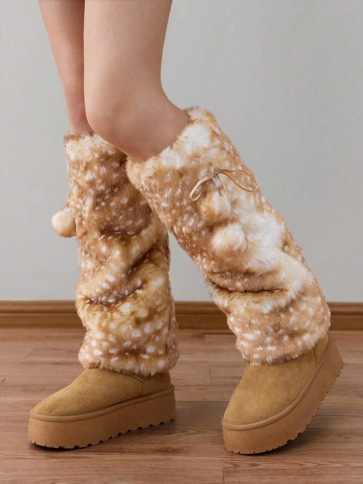 Fairycore 1 Pair Cute Fluffy Deer Design Leg Warmers, Y2K Fuzzy Pom Pom Thick Oversized Leg Warmers, Fashionable Slim Fit, Suitable For Everyday, Autumn/Winter, Holidays & Parties
