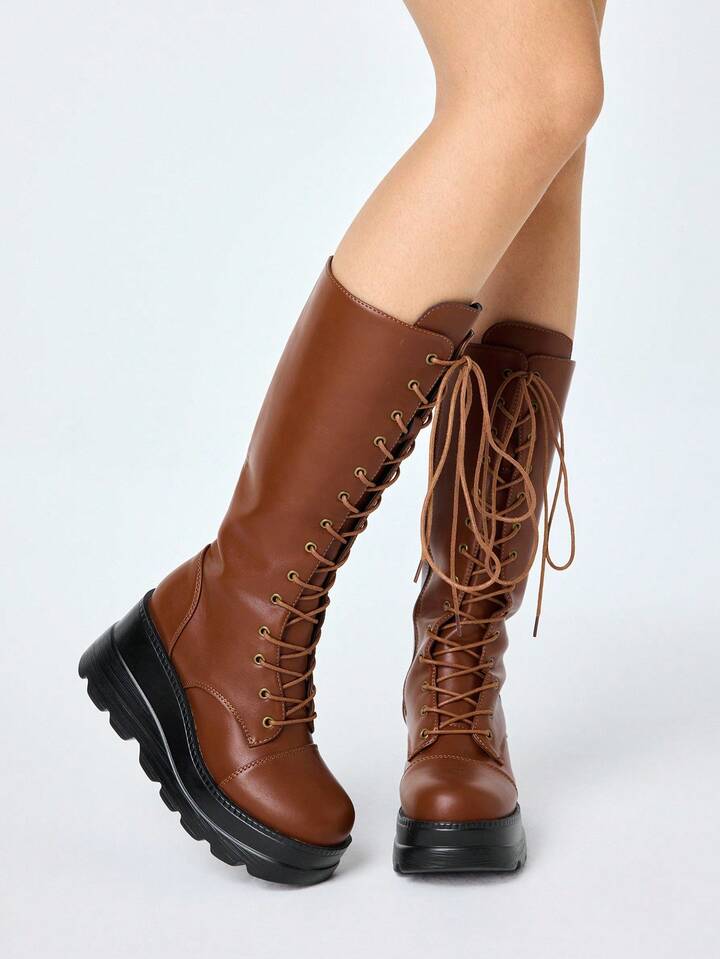Y2K Lace-Up Punk Goth Platform Mid-Calf Boots, Side Zipper Chunky Heel Knight Boots, Casual Punk Dark Campus Mid-Calf Boots For Women
