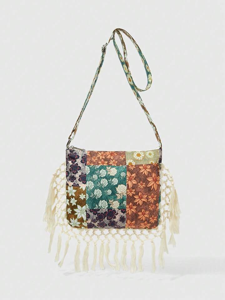 Boho Crossbody Bag For Women, Floral Print Tassel Ethereal Fairycore Shoulder Bag, Lightweight Hippie Festival Purse For Music Festivals, Picnic, Daily Use, Adjustable Strap Spring Summer Beach Accessories