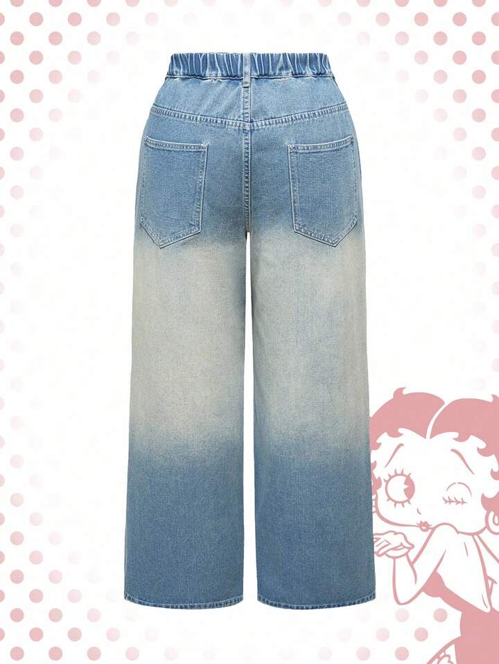Betty Boop | ROMWE Plus Size Women Embroidered Distressed Vintage Washed Denim Jeans