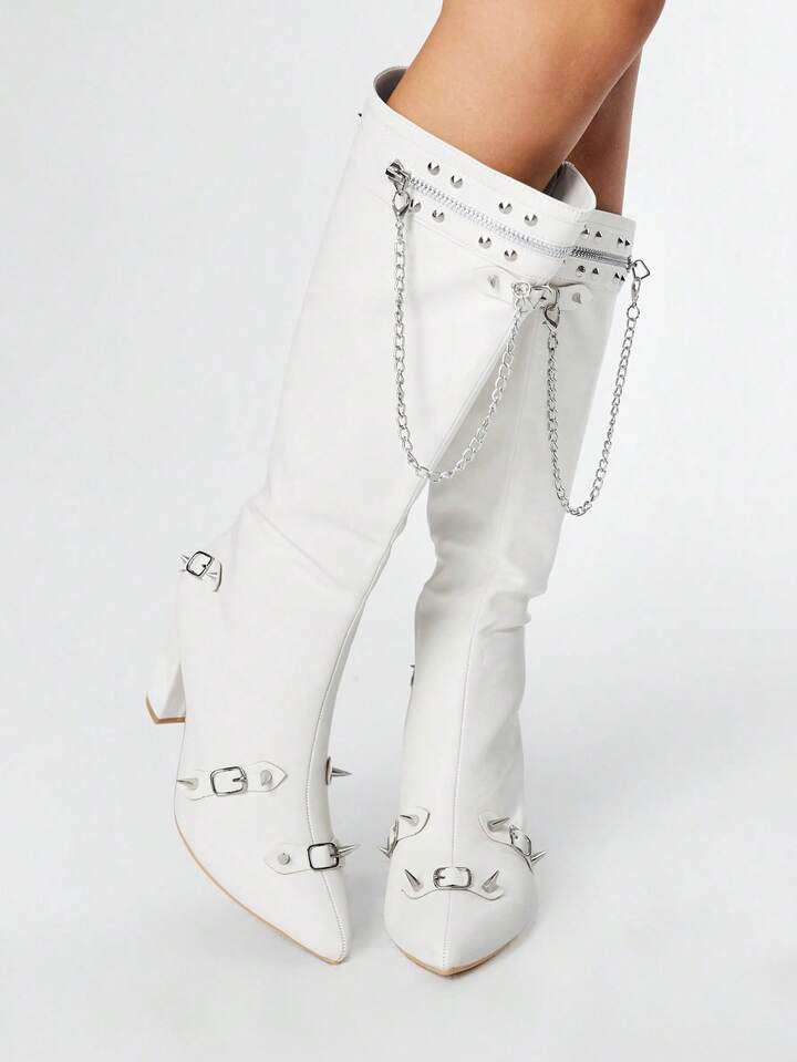 Grunge Punk Women's High Heel Boots, Versatile Elegant Pointed Toe Fashion PU Thick Heel Boots, Autumn/Winter