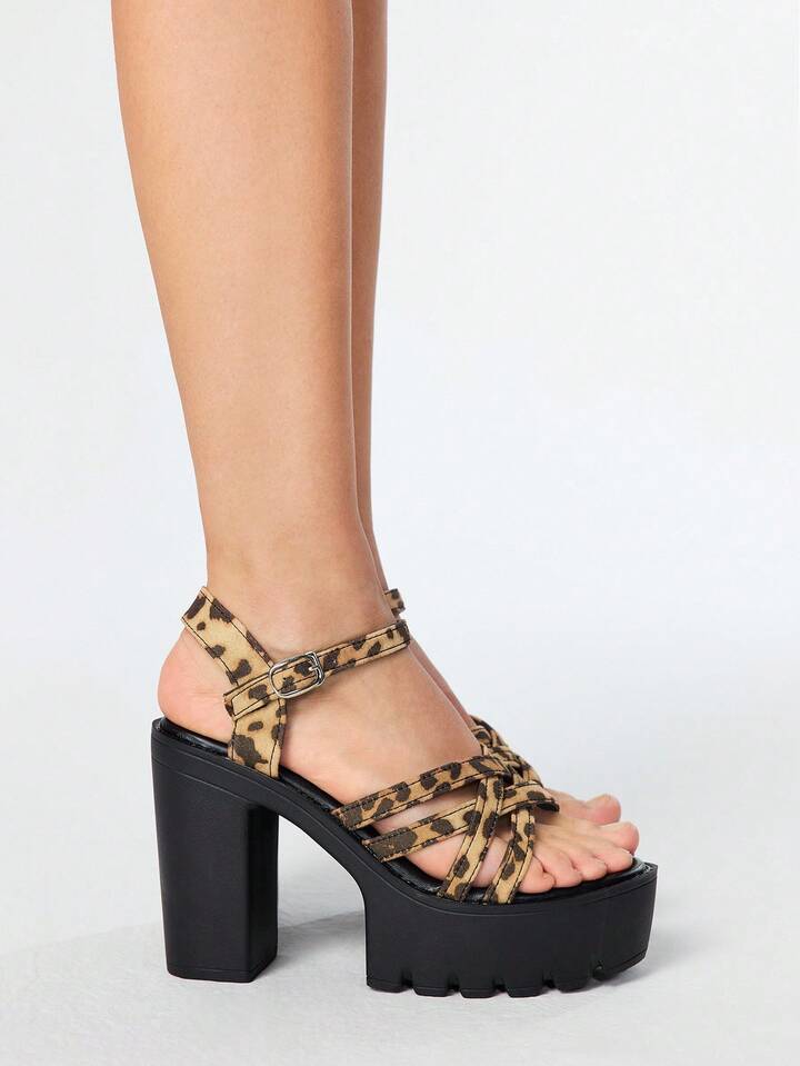 Grunge Punk Women's Leopard Print High Heel Sandals, Summer Open Toe Chunky Heel Strap Formal Work Crossover Strappy Dress Heels