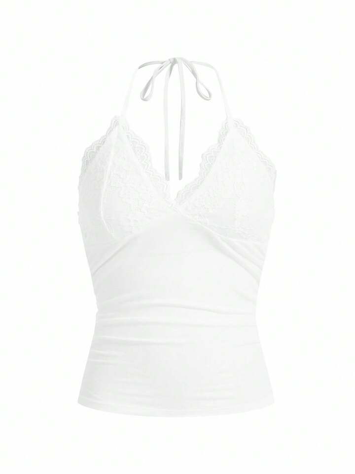 SHEIN x PRISCILA & JIMENA Contrast Lace Halter Top
