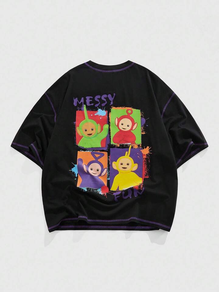 Teletubbies X ROMWE Men's Casual Cartoon & Letter Graphic Short Sleeve T-Shirt, Summer