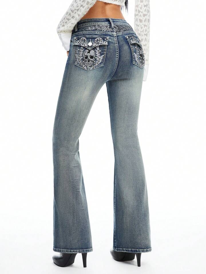 Fairycore Women Y2K Retro Skeleton Wing Embroidery Rhinestone Decor Flare Leg Low Waist Jeans