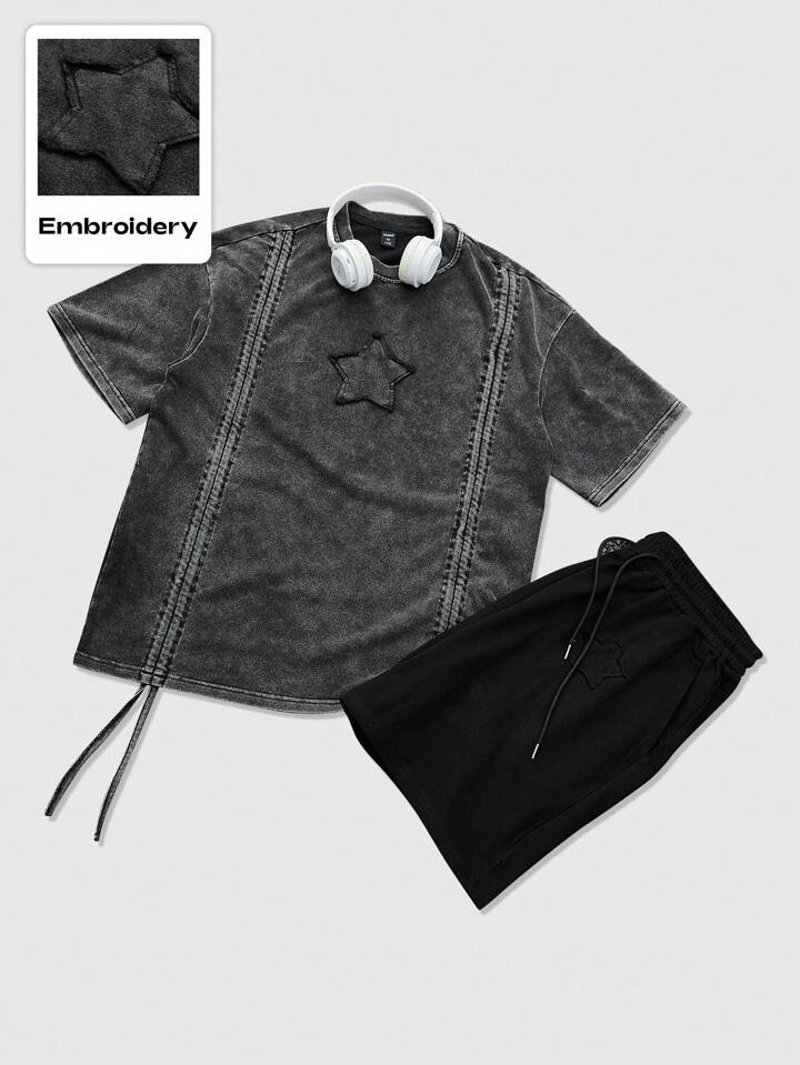 Street Life Street Black Short Sleeve T-Shirt With Distressed Vintage Look,  Five-Pointed Star Embroidered Patch Set