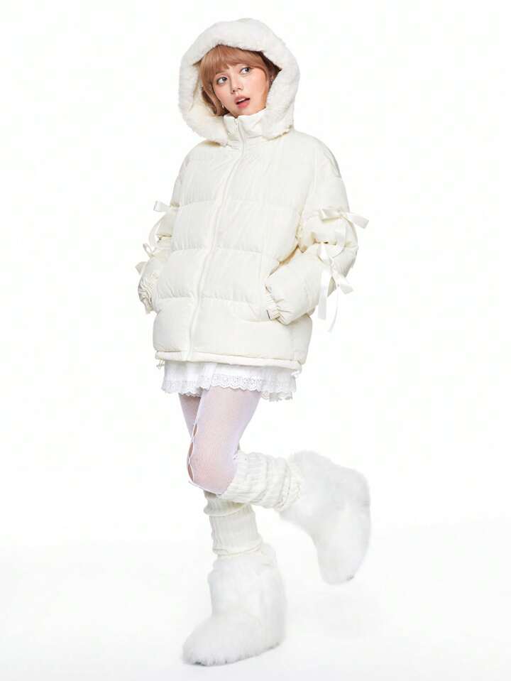 Cute And Lovely Bow Decor Style Women Himekaji Padded Coat
