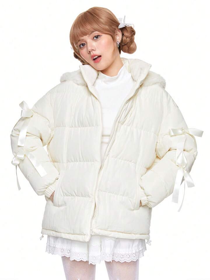 Cute And Lovely Bow Decor Style Women Himekaji Padded Coat