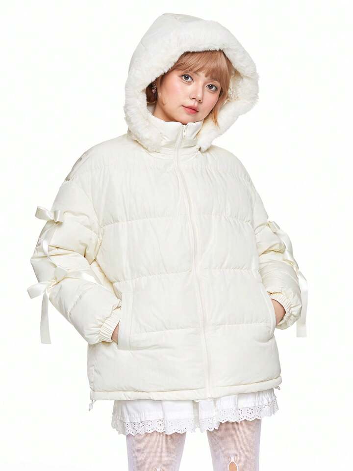 Cute And Lovely Bow Decor Style Women Himekaji Padded Coat
