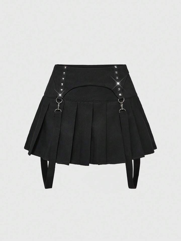 Goth Plus Size Women Rivet Decor Low Waist Pleated Mini Skirt, Suitable For Dates And Outings