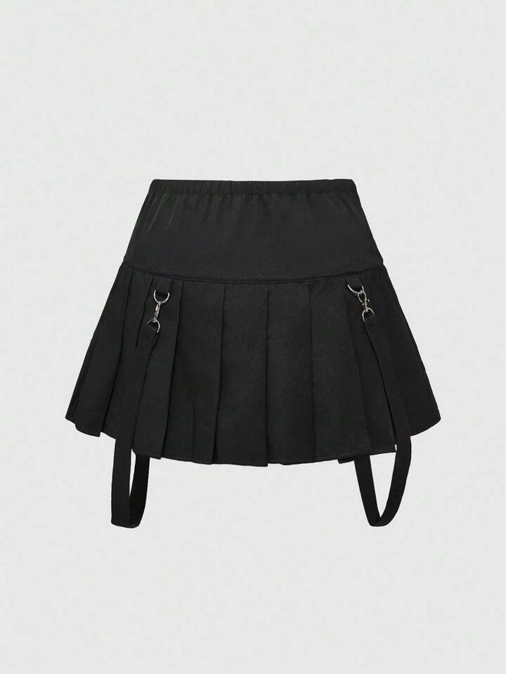 Goth Plus Size Women Rivet Decor Low Waist Pleated Mini Skirt, Suitable For Dates And Outings 2 Goth Plus Size Women Rivet Decor Low Waist Pleated Mini Skirt, Suitable For Dates And Outings