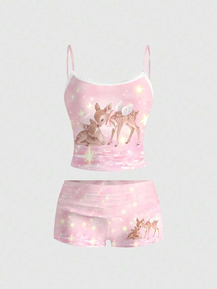 Kawaii Cute Deer & Starry Print Sexy Camisole And Shorts 2pcs Set For Women