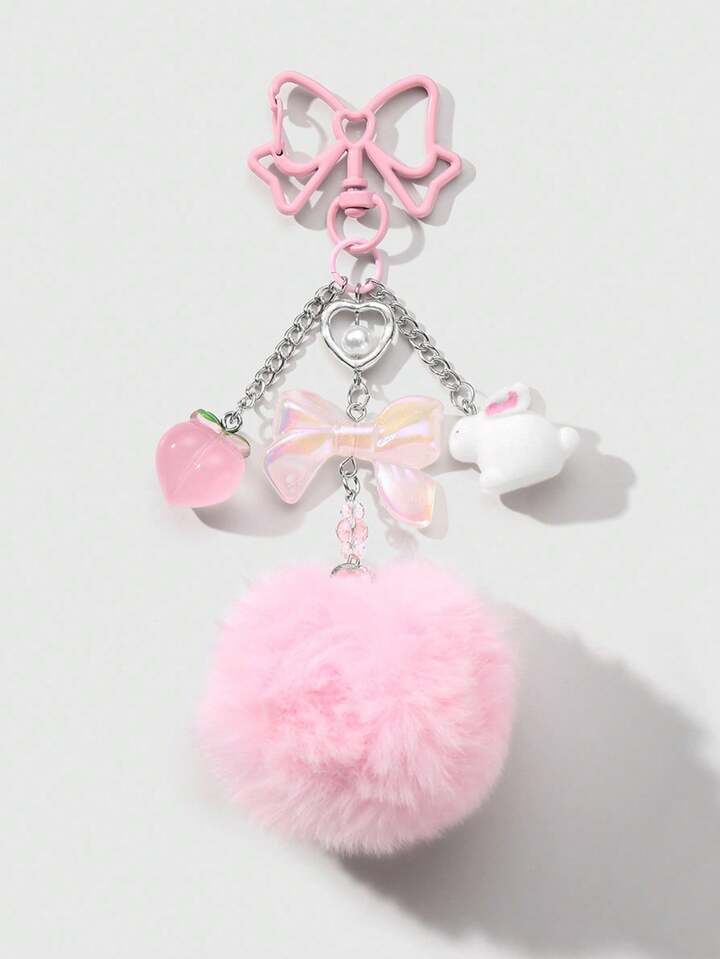 Kawaii 1pc Cute & Fashionable Resin Glitter Bow, Peach, Rabbit, Heart Pom-Pom DIY Keychain/Bag Charm, Suitable For Women, Girls, Daily Wear, Holiday Gift