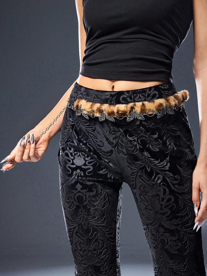 Goth Retro Skull And Butterfly Design Lady's Waist Chain, Leopard Yellow Imitation Fuzz, Halloween 4 Goth Retro Skull And Butterfly Design Lady's Waist Chain, Leopard Yellow Imitation Fuzz, Halloween
