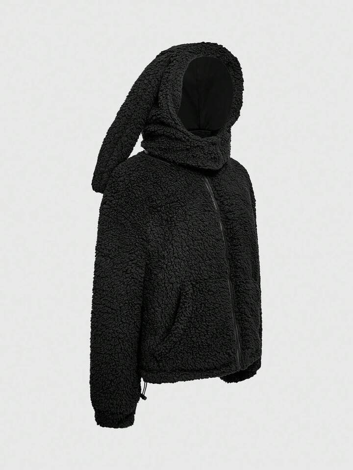 ROMWE Avant Women's Solid Color 3D Ear Design Long Sleeve Zipper Front Hooded Fleece Jacket, Autumn/Winter