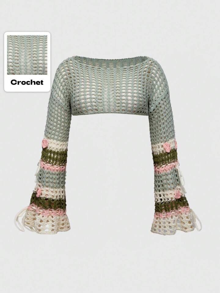 Fairycore Fariycore Autumn/Winter Mori Style Mori Kei Mesh Knit Patchwork Striped Floral Long Sleeve Green Plus Size Sweater, Subculture Fairy-Like Plus Size Autumn/Winter Long Sleeve Women Knitwear
