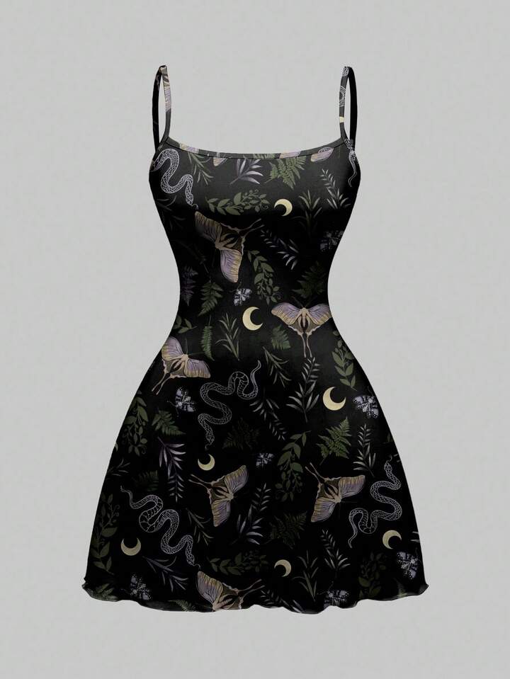 Gothic Dark Halloween Snake, Sun, Moon, Star, Moth, Plant Print Mini Dress For Women
