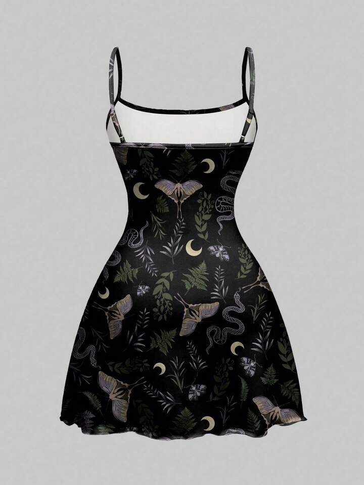 Gothic Dark Halloween Snake, Sun, Moon, Star, Moth, Plant Print Mini Dress For Women 2 Gothic Dark Halloween Snake, Sun, Moon, Star, Moth, Plant Print Mini Dress For Women