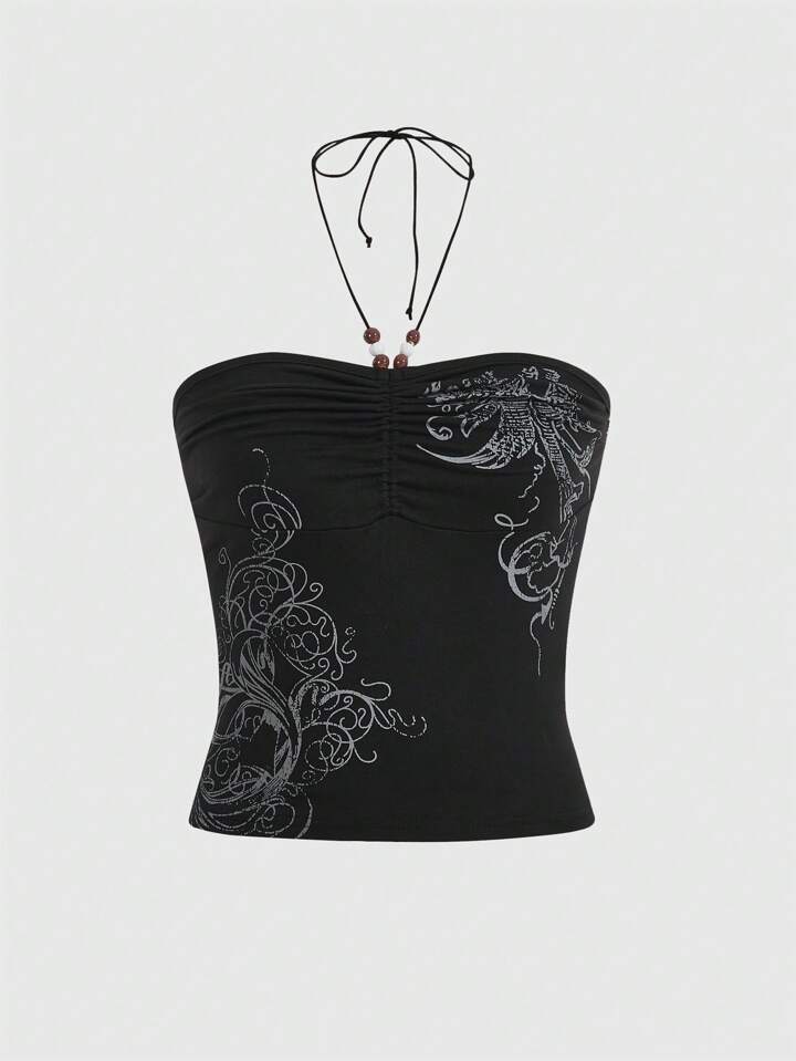 Goth Graphic Print Ruched Halter Top