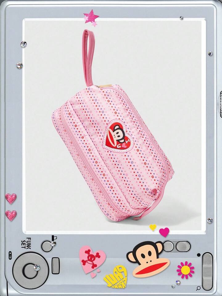 Paul Frank X ROMWE Cute Pink Heart Print Cosmetic Bag With Adorable Donut Charm For Travel Organizer & Makeup Storage