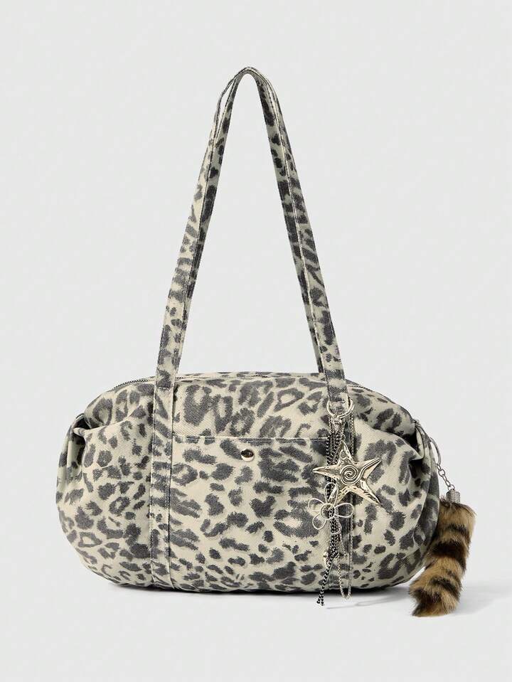 Goth 1pc Y2K Chic Vintage Leopard Print Shoulder Bag, Casual Punk Rock Metal Star & Heart Chain Fuzzy Tail Decor Tote Bag For Women, Suitable For School, Shopping, Travel