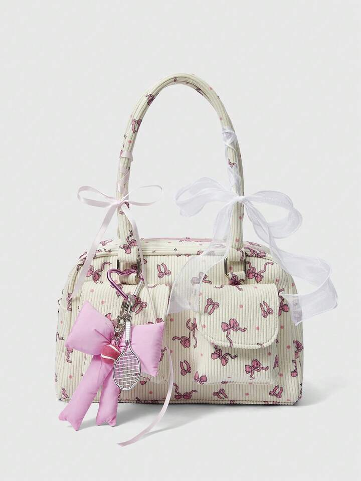 1pc Pink Corduroy Bow Polka Dot Print Fashion Portable Bow Pearl Decor Kawaii Ladies Tote Bag, Large Capacity