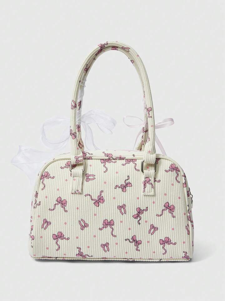 1pc Pink Corduroy Bow Polka Dot Print Fashion Portable Bow Pearl Decor Kawaii Ladies Tote Bag, Large Capacity
