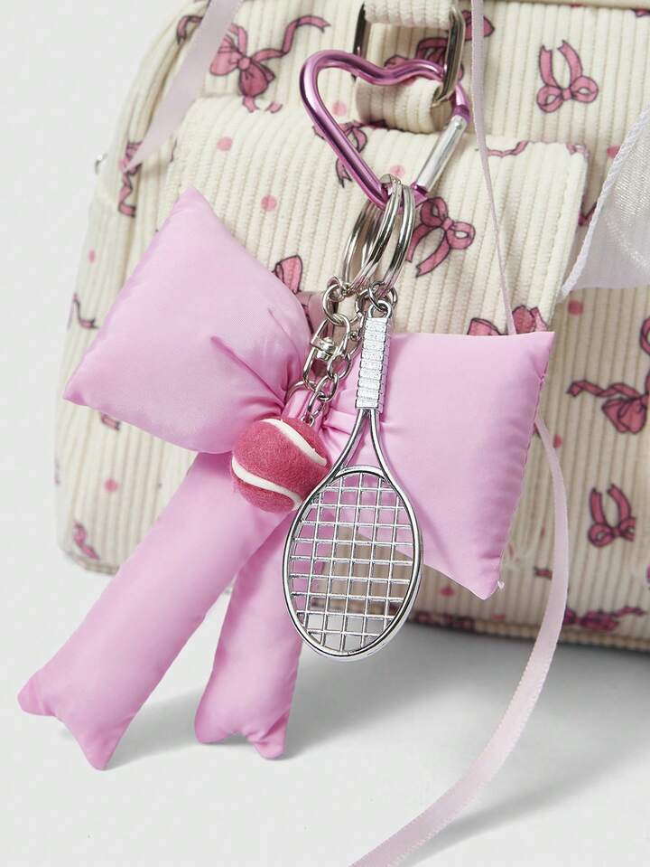 1pc Pink Corduroy Bow Polka Dot Print Fashion Portable Bow Pearl Decor Kawaii Ladies Tote Bag, Large Capacity