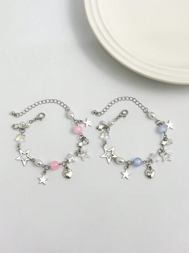 Kawaii 2pcs/Set Fashionable Cute Star Shaped Pearl & Crystal Chain Bracelet Set, Suitable For Women, Suitable For Daily Wear In Summer, Friend Or Couple Gift