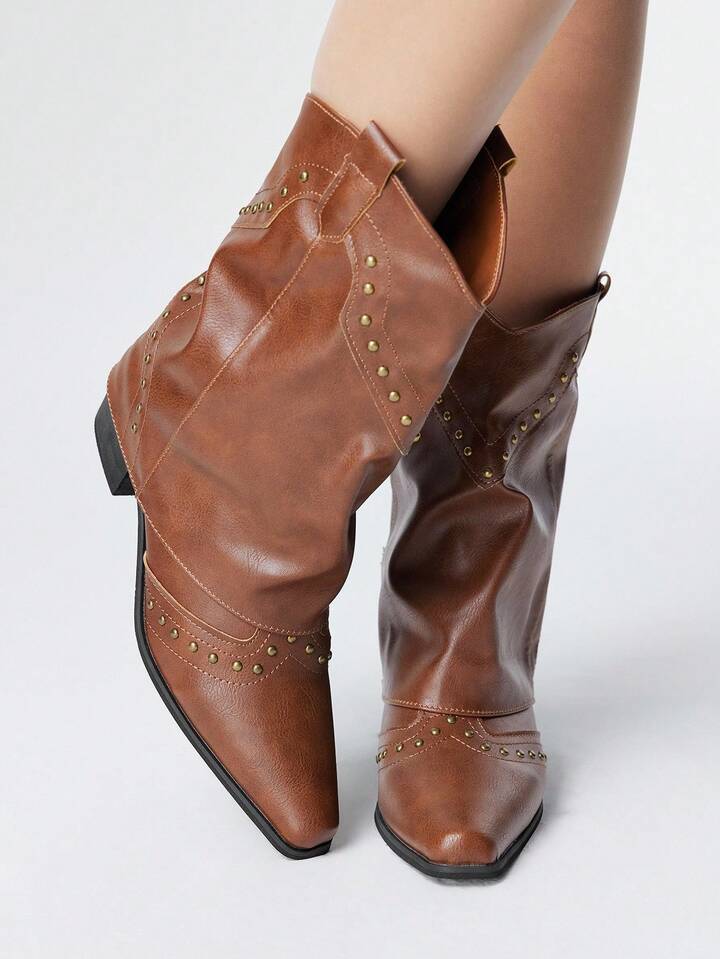 Grunge Punk Women's Brown Rivet Shaft Boots, Short Boots For Daily Wear, Dark Punk, Campus, Gothic Style Boots With Thick Heels, Rivet Western Knee-High Boots, Ankle Boots And Short Boots