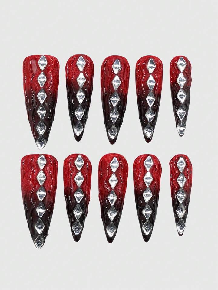 Grunge Punk 10pcs Red And Black Ombre Handpainted High Quality False Nails + 3 Sheets Double-Sided Adhesive, Removable & Reusable, Rhinestone Cat Eye Design Nail Stickers, Suitable For Parties, Dancing And Daily Wear