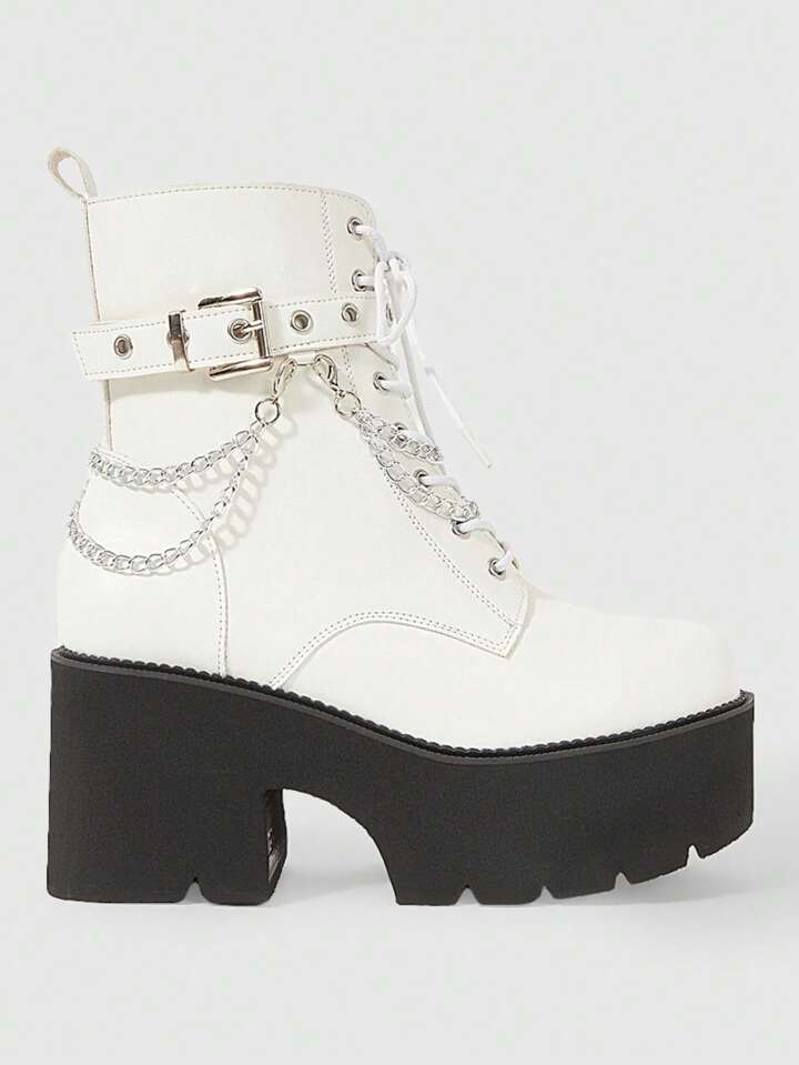 Grunge Punk Women Gothic Punk Style Platform Thick Heel White Ankle Boots, Comfortable Combat Boots With Metal Chain Decor And Wedge Heel, Halloween