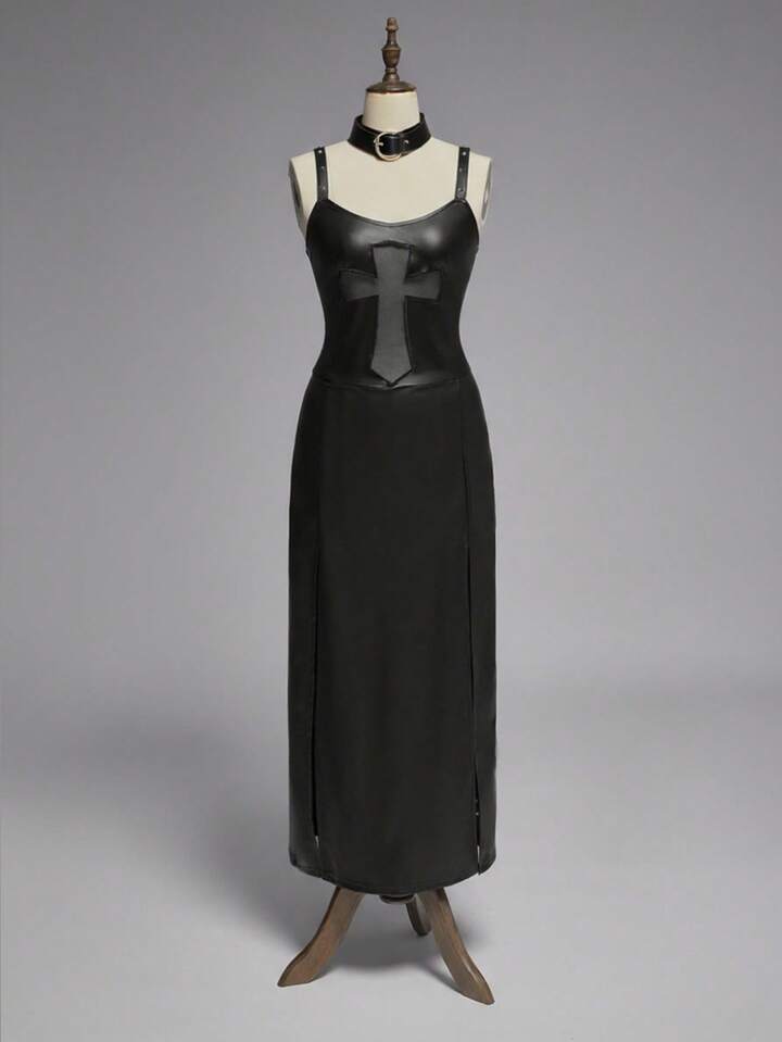 Women's Gothic Cross Hollow-Out PU High Slit Dress