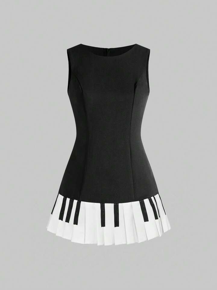 Kawaii Cute Piano Keyboard Print Fitted A-Line Mini Dress, Collegiate Style